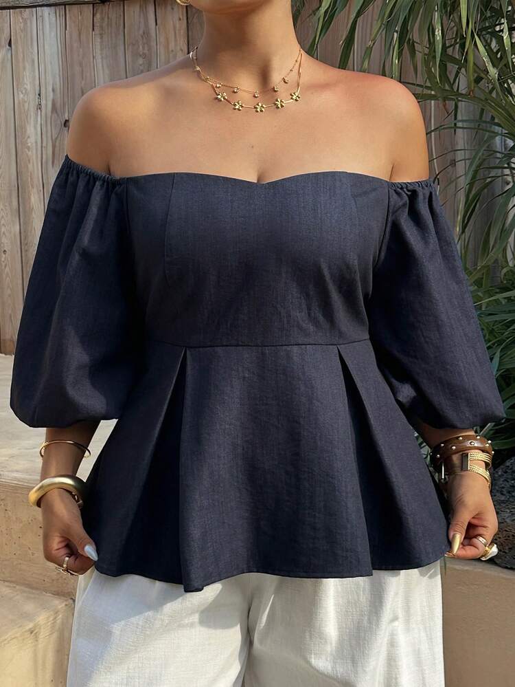 Dazy Plus Plus Size Women's Navy Blue Summer Elegant Vacation Holiday Off-Shoulder Puff Sleeve Ruffle Trim Pullover Top,Faux Denim Spring Short Sleeve Blouse
