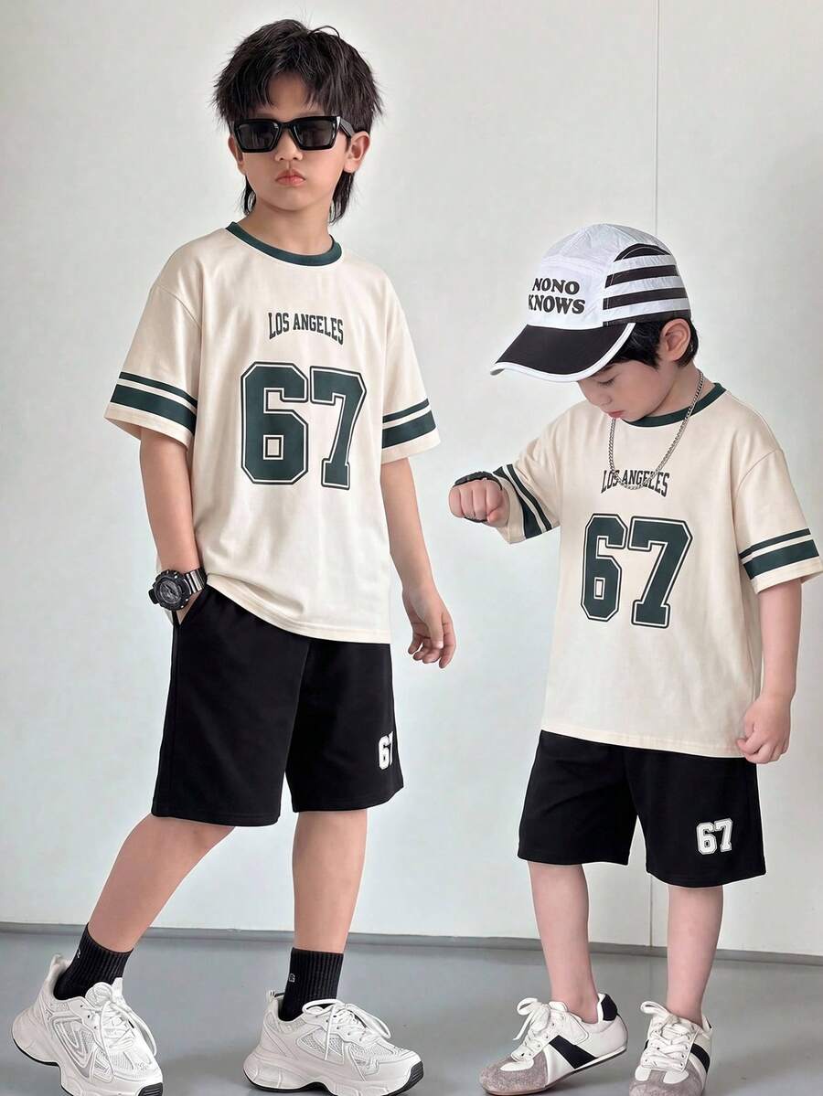 SHEIN 2pcs/Set Kids Tween Boy Beige Summer Streetwear School Back-To-School Y2K Style English Letter & Number 67 Sports American Colorblock T-Shirt & Pants