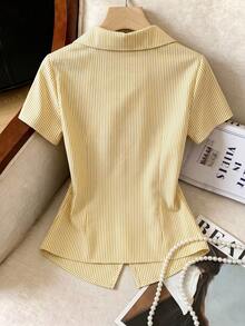 Franclia Áo sơ mi nữ thanh lịch, cổ bẻ, eo bất đối xứng, thắt nơ, thích hợp đi làm, mặc thường ngày, công sở và chuyên nghiệp. - Màu vàng - Xem 2