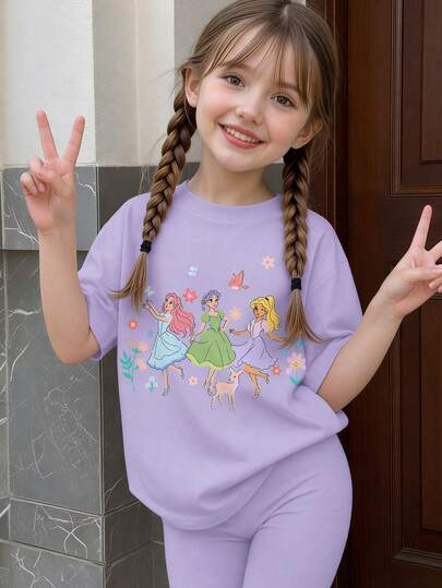 Young Girl' White Round Neck Short Sleeve T-Shirt, Sweet Cute Lemon & Bow Print, Suitable For Outings, Daily Basics, Spring/Summer/Autumn