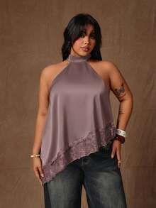 Rustia Plus Size Fashionable Elegant Satin Lace Patchwork Asymmetrical Blouse Date Night Brunch Formal Evening Dark Purple Summer - Redwood - View 6