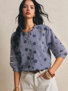 Poéselle Women's Casual/Work Plaid Floral Embroidered Shirt,  Women's Plaid Blouse  ,Blue Top , Casual Blouses For Women,Vacation Outfits ,Summer Tops - Blue - View 3