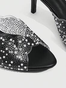 CUCCOO SZL Women's Fashion Charming Crystal Diamond Decorative Cone Heel Sandals, Pearl Black, Transparent TPU Material, Pointed Comfortable Casual Sandals, Suitable For Parties, Weddings, Parties, Spring, Summer And Autumn Christmas Wear - Black - View 5