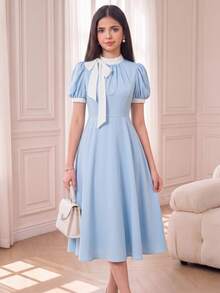 SHEIN Girlism 兒童青少年女孩休閒優雅輕盈藍白條紋蝴蝶結腰帶泡泡袖A字中長洋裝，適合通勤、派對、度假、下午茶、日常穿著、約會、家庭聚會、畢業季夏季 - 藍白色 - 查看 2