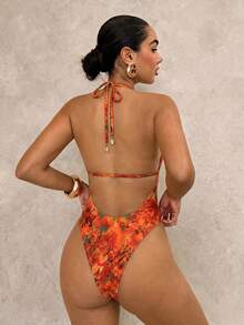 Swim Glamine 女士性感露背吊带芙蓉花印花连体泳衣，波西米亚海滩风 - 彩色 - 查看 2