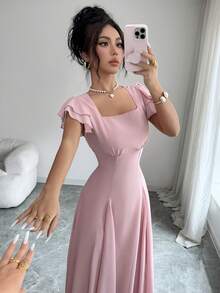 Modelyn 女士时尚方领开衩中长连衣裙 - 粉色 - 查看 5