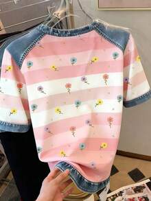 Camiseta casual y de moda para mujer con efecto de parche de mezclilla, estampado a rayas y de cerezas digitales, cuello redondo - Rosa - Ver 2