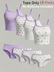 1 Set 4-Piece Sweet Flower Young Girl Casual Vest Set,Fresh Floral & Letter Print White Summer Bridal Wedding,Lightweight Smooth Slim Spaghetti Strap - Multicolor - View 3