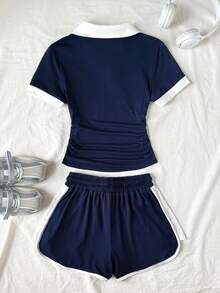Tween Girls Polo Collar Co-Ord Set, Blue & White Splice Color Block Snug Fit Short Sleeve, Waist Ruched, Versatile & Minimalist, Spring/Summer - Blue and White - View 8