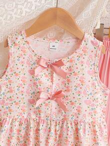 SHEIN Elladie kids 女童两件套碎花套装，粉色蝴蝶结装饰无袖上衣+纹理阔腿裤，甜美可爱夏季休闲装 - 粉色 - 查看 7