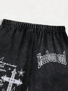SHEIN 青少年男童休闲时尚街头风字母十字印花弹力腰水洗短裤，夏季 - 灰色 - 查看 3
