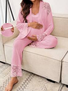 SHEIN 3pcs Maternity Set: Elegant Contrast Lace Camisole, Pants And Robe, Suitable For Spring And Autumn Photoshoot - Pink - View 7