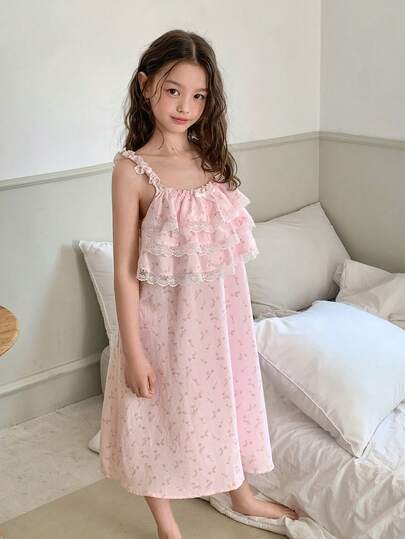 Dazy Kids 少女蕾丝拼接花卉印花休闲家居睡衣套装