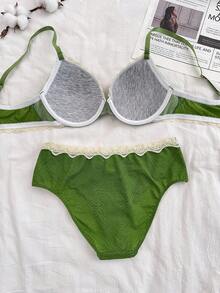 Napfluff 2pcs Lace Patchwork Bra Set - Green - View 2