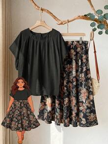 Rusticease Conjunto informal de 2 piezas de talla grande para mujer con camisa de manga raglán de unicolor y falda evasé con estampado floral - Negro - Ver 1
