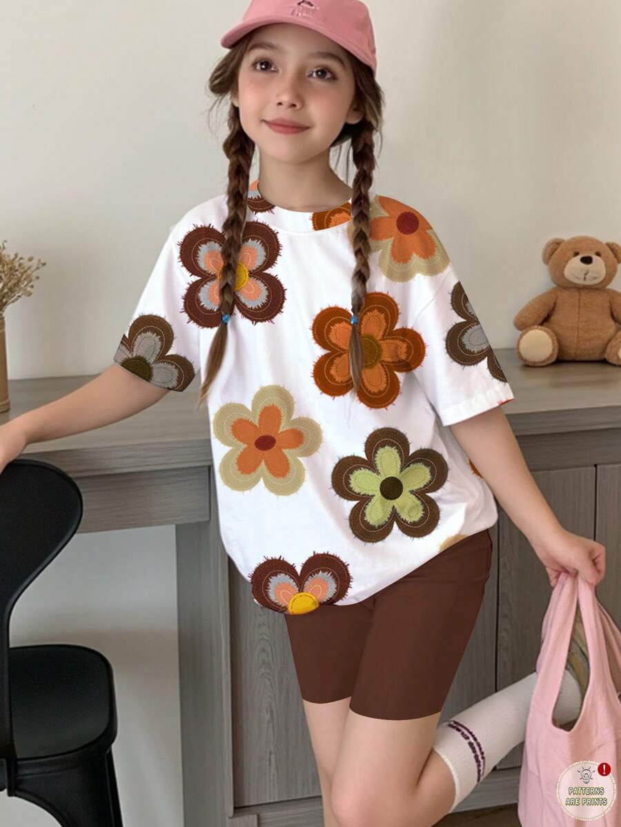 两件套少女休闲可爱碎花短袖T恤和短裤,复古红色碎花图案,适合夏季、度假、外出、秋季童装、舒适甜美风、价格亲民、周末休闲、返校季、秋季新款、Y2K风格,女童套装,两件套 - 彩色 - 查看 1