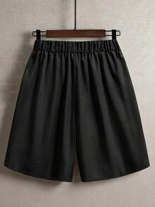EMERY ROSE Women's Casual Commute Daily Outing Elastic Waist Round Slit Design Chinese Knot Decor Button Shorts - Black - View 2