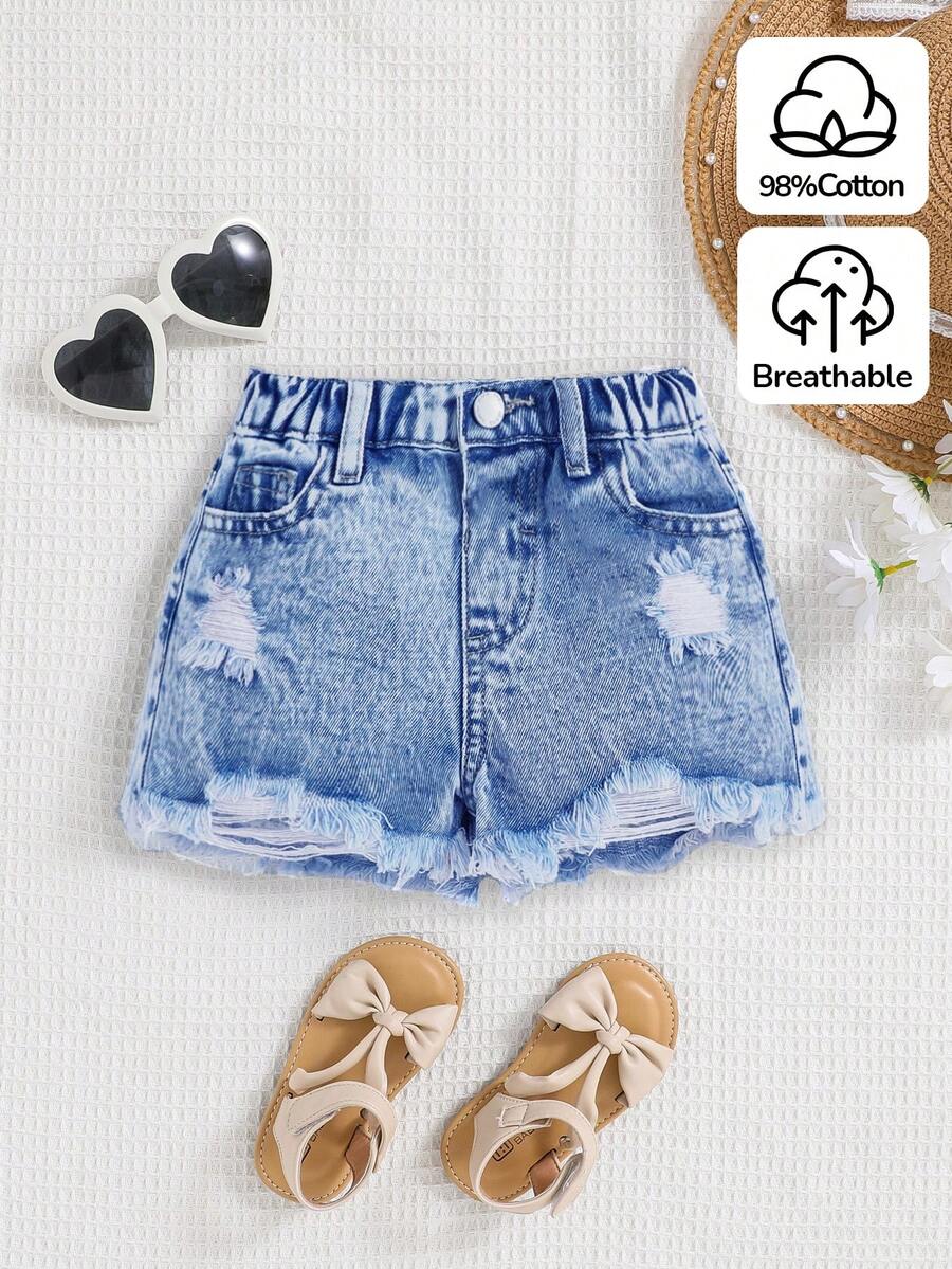 SHEIN Young Girls' Y2K Spring Summer Boho Girls Jeans Shorts ,Washed Casual Distressed Denim Shorts - Medium Wash - View 1