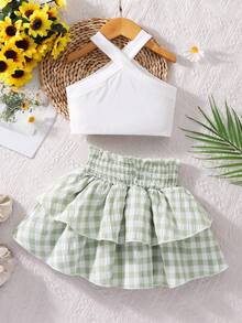 SHEIN Elladie kids Toddler Girls' Vacation Casual Halter Solid Color Tank Top And Elastic Waist Floral Ruffle Skirt Set, Summer - Green - View 2