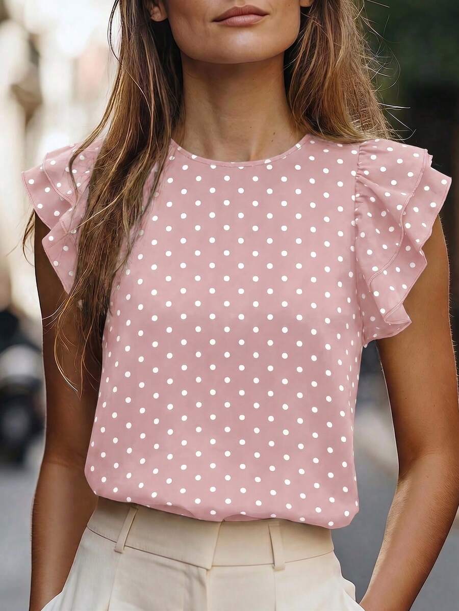 EMERY ROSE Women's Spring/Summer New Arrival Polka Dot Print Pattern Round Neck Ruffle Sleeve Casual Versatile T-Shirt - Multicolor - View 1