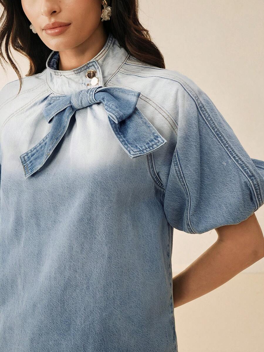 Anewsta Essential Top de mezclilla azul casual de verano con mangas raglán para mujer - Azul - Ver 1
