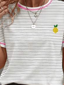 EMERY ROSE Kaos Kasual Musim Panas Ukuran Besar Motif Garis-garis Lemon - MultiWarna - View 3