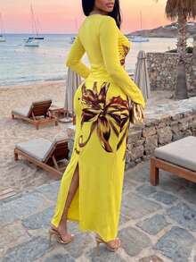 Slaydiva 2026 Neuester lässig Urlaubs Strand Eleganter Sexy Blume Muster Ausgeschnittenes Top und bedruckter Rock Zweiteiler, Sexy Strand Urlaubs Zweiteiler Cover Up - Gänsegelb - Übersicht 3