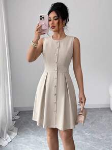 Elenzga Vestido elegante con hebilla metálica decorativa para ceñir la cintura, talla estándar para mujer, primavera/verano - Albaricoque - Ver 5