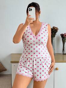 SHEIN 大码女士休闲波点印花睡衣套装 - 粉色 - 查看 3