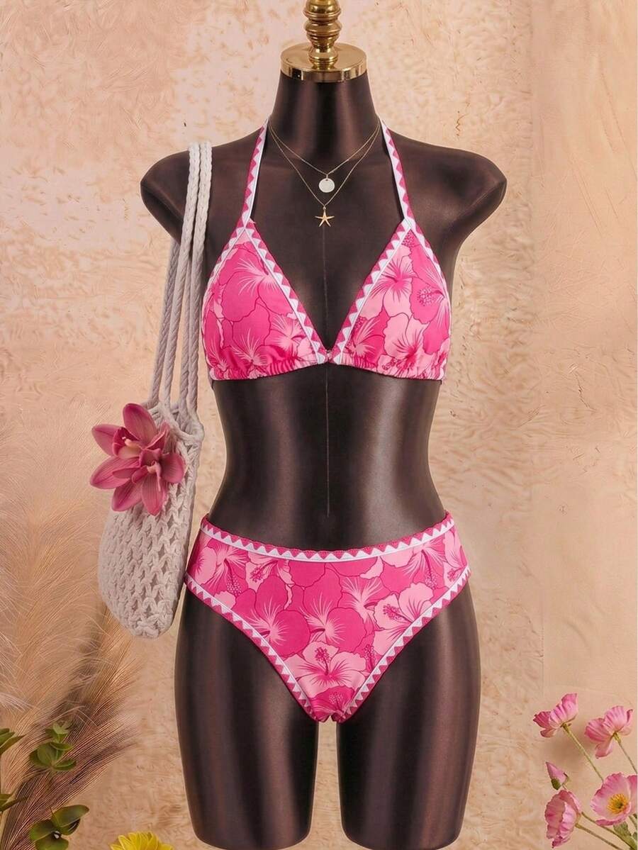 SHEIN 青少年女孩夏季海灘新款玫瑰紅亮色碎花印花細肩帶貝殼蕾絲飾邊分體式泳衣,露背細肩帶套裝,海灘度假泳裝 - 玫紅色 - 查看 1