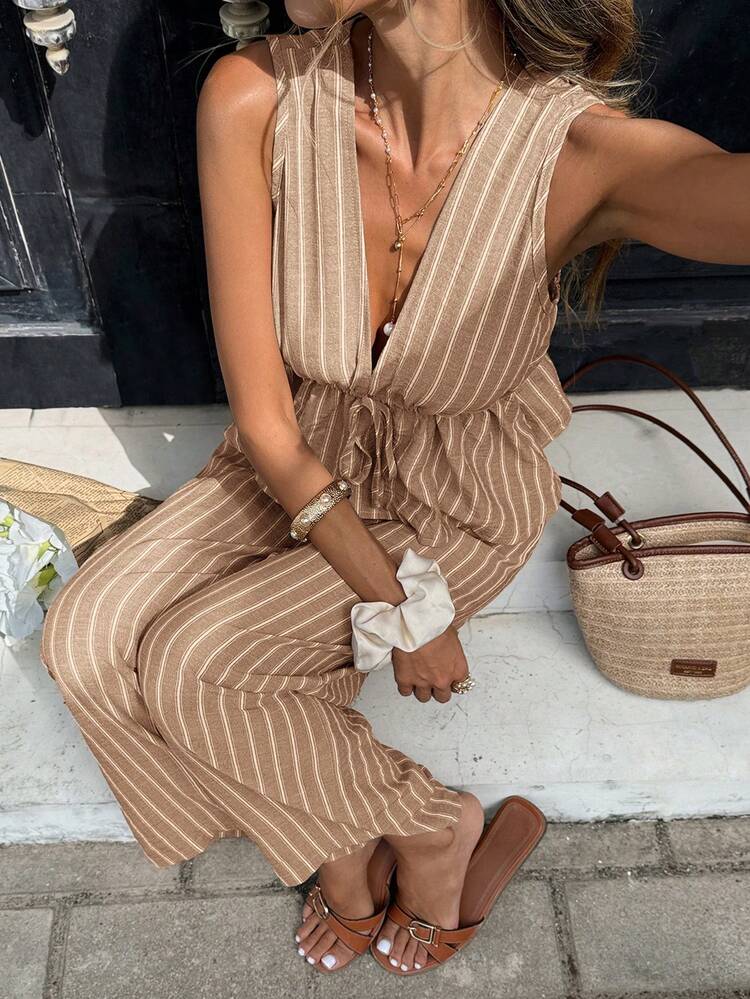 Serisse Women's Vacation Casual Striped Tank Top And Pants 2 Pieces Set,Summer Outfits For Women | SHEIN EUQS