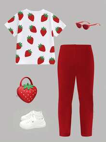 2pcs/Set Young Girls Strawberry Print Short Sleeve T-Shirt And Skinny Pants,Comfortable Fashionable Summer Outfits For Home,Vacation,Holidays,SS26 - Multicolor - View 2