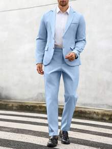 Manfinity Mode Bộ vest nam màu trơn cổ bẻ tay dài, áo blazer và quần tây, kiểu dáng công sở thường ngày, 2 món, thích hợp cho mùa xuân thu. - Màu xanh nhạt - Xem 5