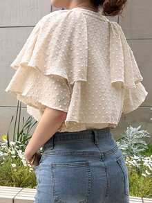 FRIFUL Women's Polka Dot Short Sleeve Layered Ruffle Casual Versatile Blouse, Summer - Beige - View 2