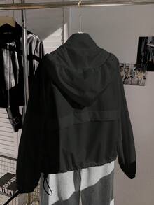 SHEIN PETITE CURVE Plus Size Women's Solid Color Drawstring Hooded Zip-Up Casual Versatile Daily Wear Jacket - Black - View 3