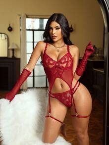 Seduluxe Red Summer Sexsy Special Occasion Wedding 6-Piece Lingerie Set For Women,Embroidered Mesh Bra,Thong,2 Leg Garters & 2 Wrist Cuffs,Elegant,French - Burgundy - View 4