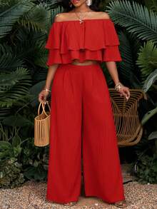 SHEIN Lady Women's Red Off-Shoulder Ruffle Crop Top And Wide Leg Pant Set Summer Two Piece Outfit - Red - View 3