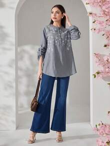 Veilorie New Embroidered Striped Casual Comfortable Daily Versatile Long Sleeve Shirt - Dusty Blue - View 5