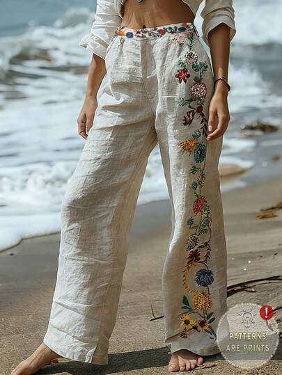 EMERY ROSE Pantalones anchos de mujer con bordado floral casual, adecuados para la playa y vacaciones