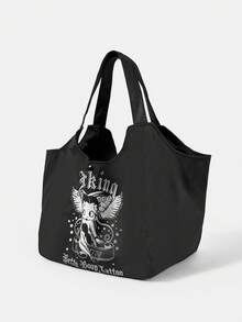 Betty Boop x SHEIN 1pc Large-Capacity Shoulder Handbag With Printed Pattern, Suitable For Camping, Beach, Travel, Shopping, School, Work And Other Occasions. - Pure black - View 2