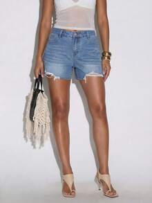 Normani Women's Blue Ripped Shorts, Low-Rise Casual Shorts, Perfect For Summer Casual Wear, Versatile Shorts. Light Blue Jeans Short Vacation - Light Wash - View 7