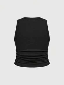 ROMWE Fairycore Plus Size Hippie Sunflower Cute Vacation Elastic Ruched Green Tank Top - Black - View 2