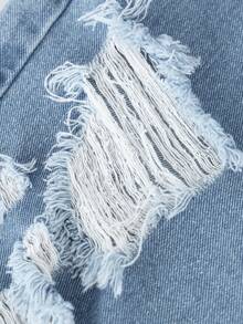 SHEIN Tween Boys' Elastic Waist Drawstring Ripped Denim Shorts, Summer Fashion - Light Wash - View 4
