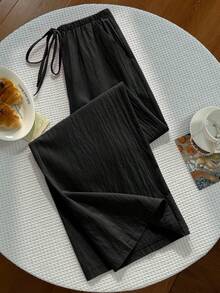 Pantalones sólidos de mujer con nudo, pantalones casuales sueltos, pantalones a rayas, pantalones de vacaciones, pantalones anchos de verano para mujer, pantalones anchos de mujer, pantalones de verano de mujer, pantalones de mujer - Negro - Ver 4