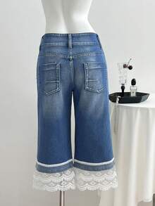 Elamini Quần jean denim nữ casual phối ren, giặt mài, - Rửa nhẹ - Xem 2