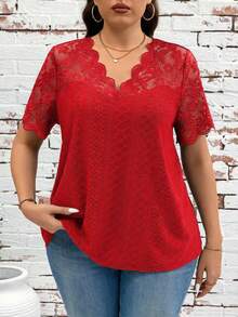 SHEIN Clasi Plus Size Women V-Neck Lace Patchwork Casual Versatile Daily Wear T-Shirt - Red - View 1