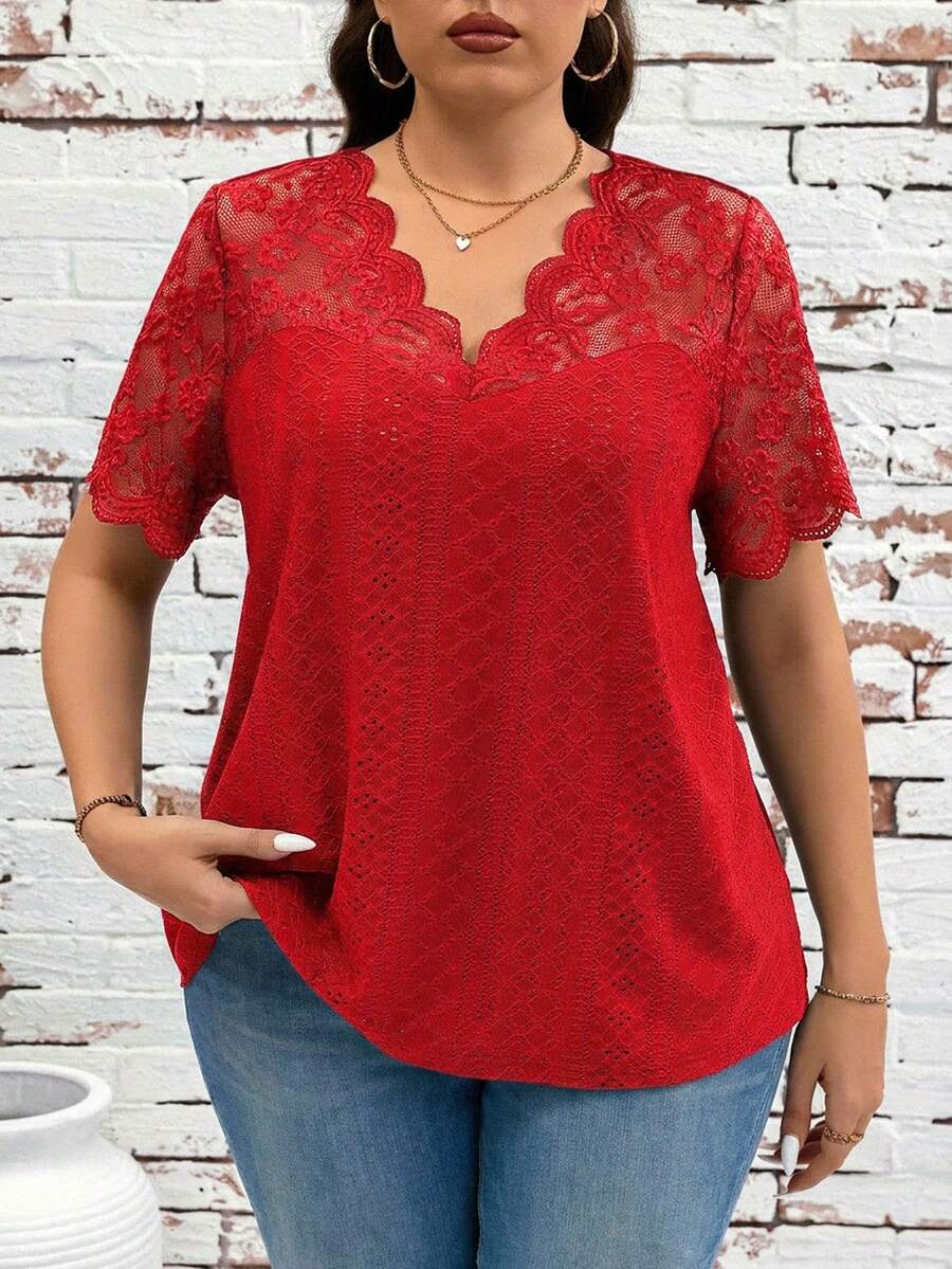 SHEIN Clasi Plus Size Women V-Neck Lace Patchwork Casual Versatile Daily Wear T-Shirt - Red - View 1