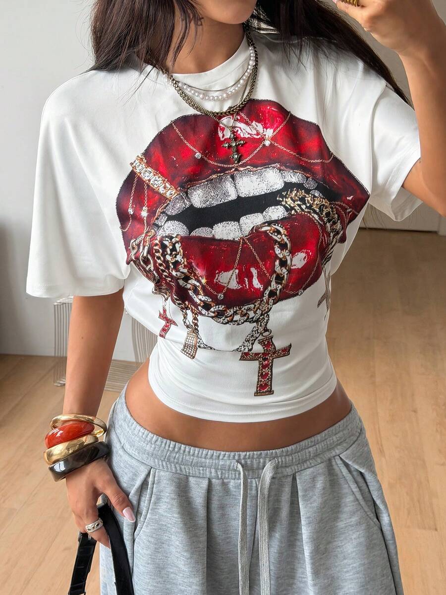 Coolane Camisetas cortas de mujer de verano minimalistas Y2K, básicas para uso diario, casuales, de vuelta al colegio, de uso urbano, elásticas, blancas, holgadas y con pliegues - Blanco - Ver 1