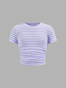 SHEIN Tween Girls' Casual Yellow White Striped Tank Top And Shorts Set,Comfortable&Minimalist Two Pieces Short Summer Clothes - Purple - View 3