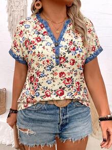 EMERY ROSE Women's Spring/Summer New Arrival Floral Print Patchwork Faux Denim Print Casual Versatile Plus Size T-Shirt - Multicolor - View 4